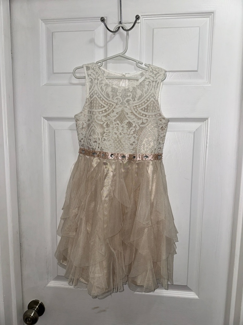 Rare Editions Cream Lace Bodice Champagne Ruffle Dress